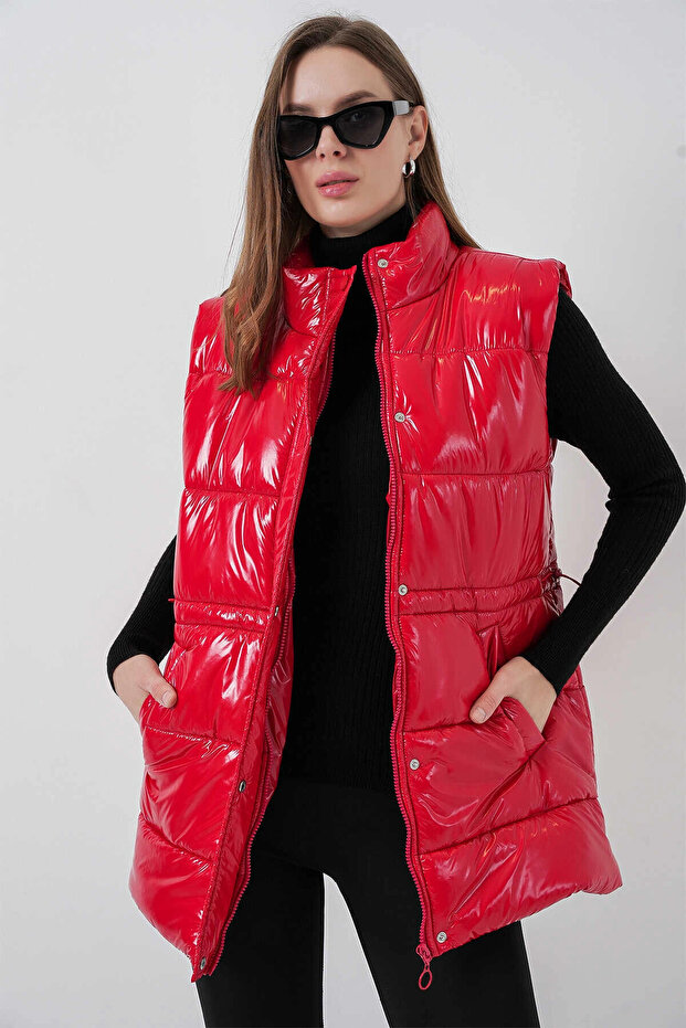 Women's Red Shiny Lined Puffer Vest Hzl25W-Bd152181
