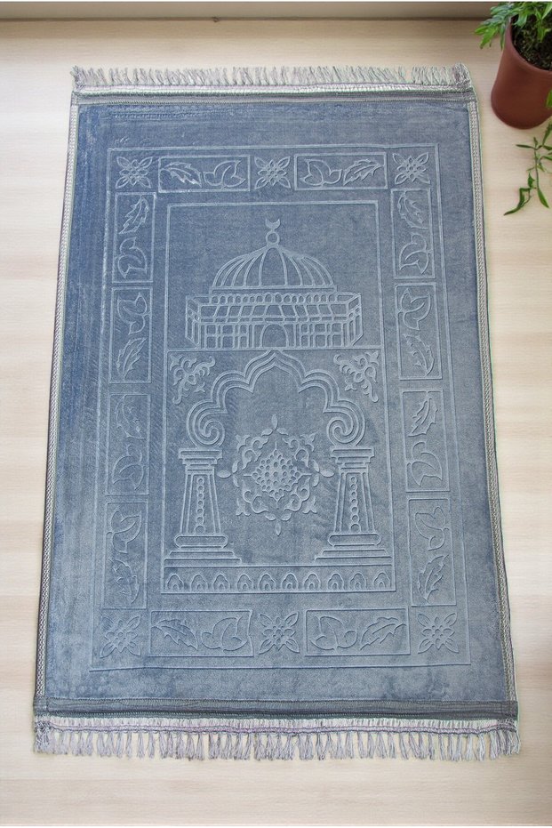 Soft Velvet Textured Plush Prayer Rug Blue