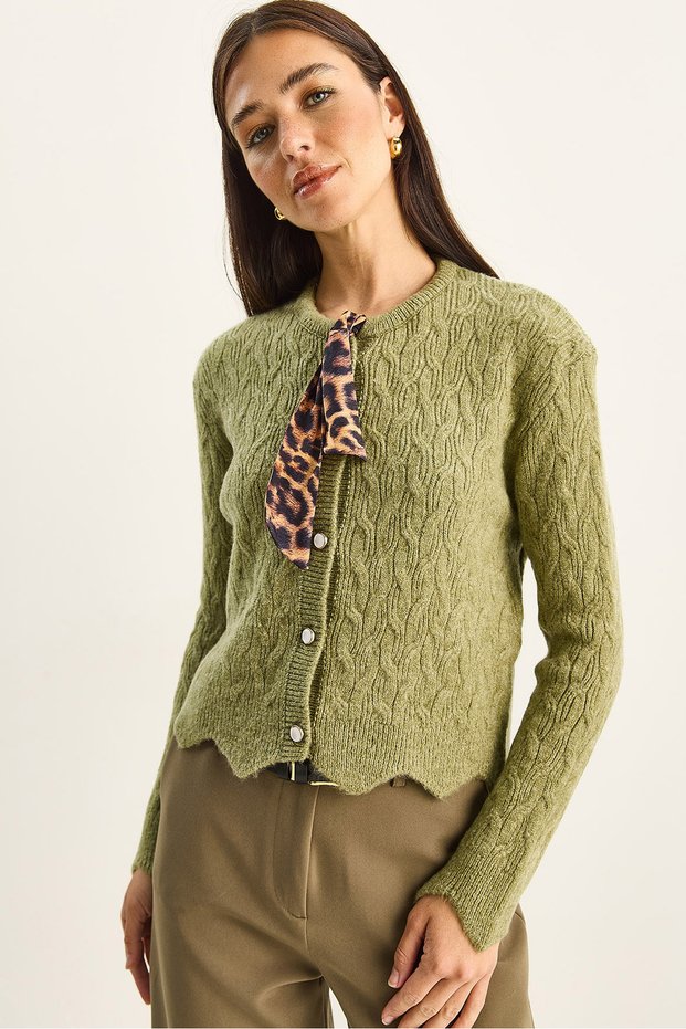 Women's Light Green Hair Braided Scarf Detailed Buttoned Cardigan Th241026 60251873