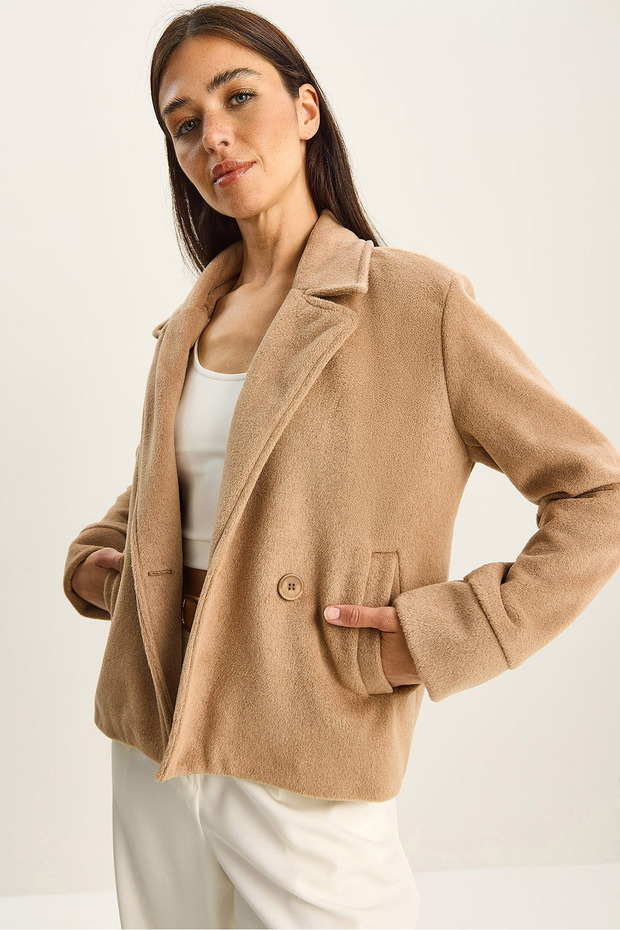 Women's Camel Double-Breasted Collar Lined Pocket Detailed Cashmere Short Jacket Coat 0725 60283811