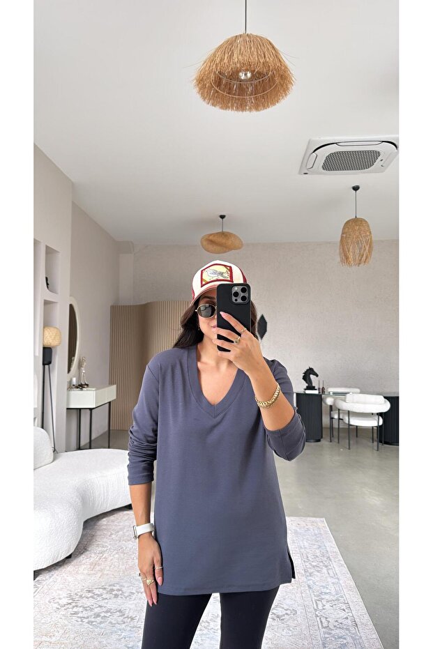 Anthracite V-Neck Long Sleeve Cotton Basic