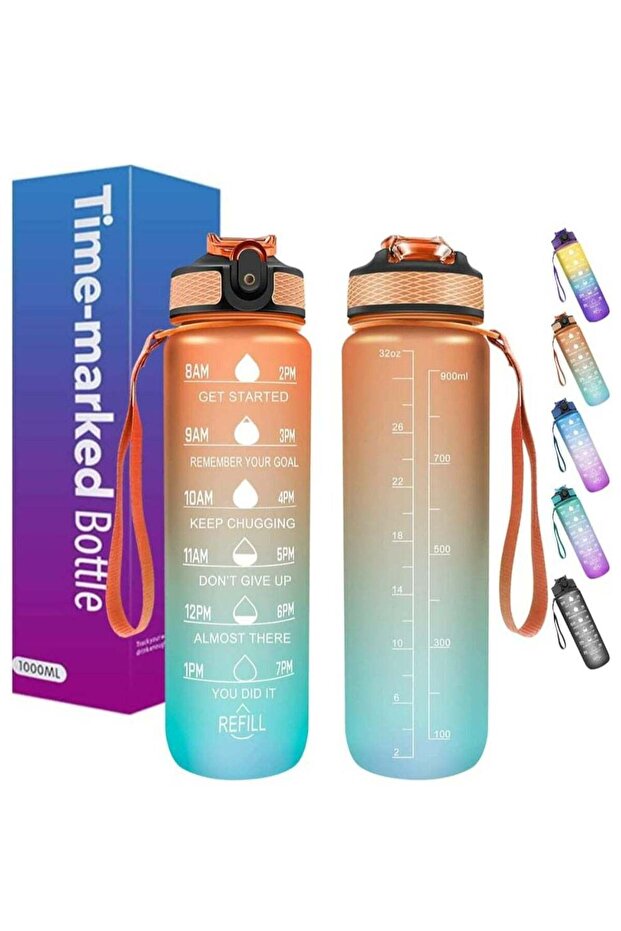 Sport Water Bottle 1L/32oz with Motivational Time Marker, Straw, Tritan BPA Free