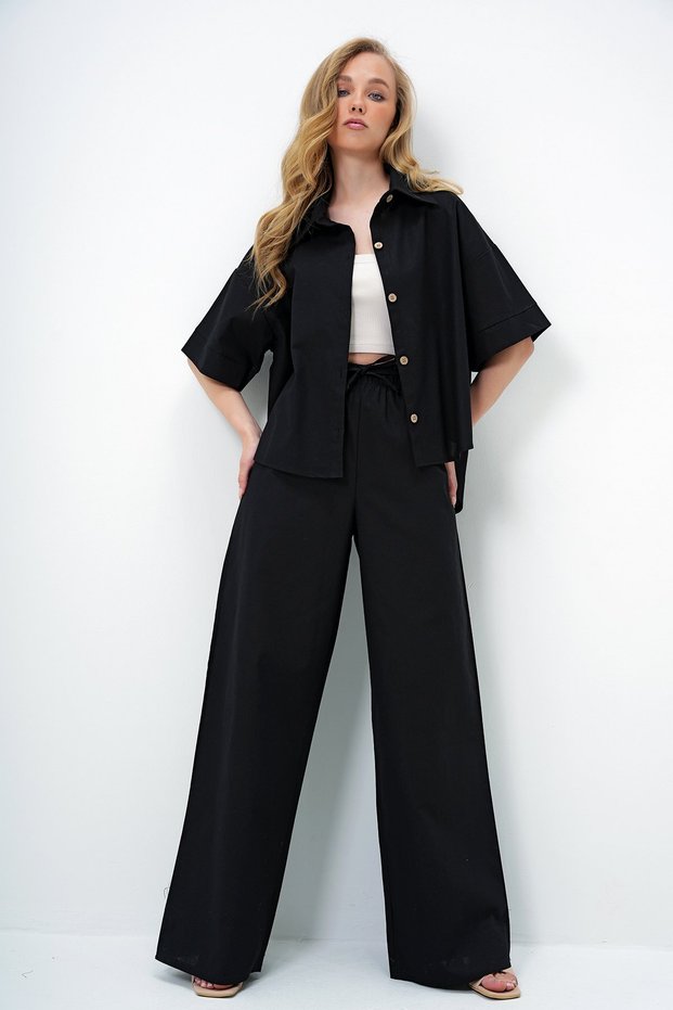Black Linen Shirt and Palazzo Pants Set Alc-X13948