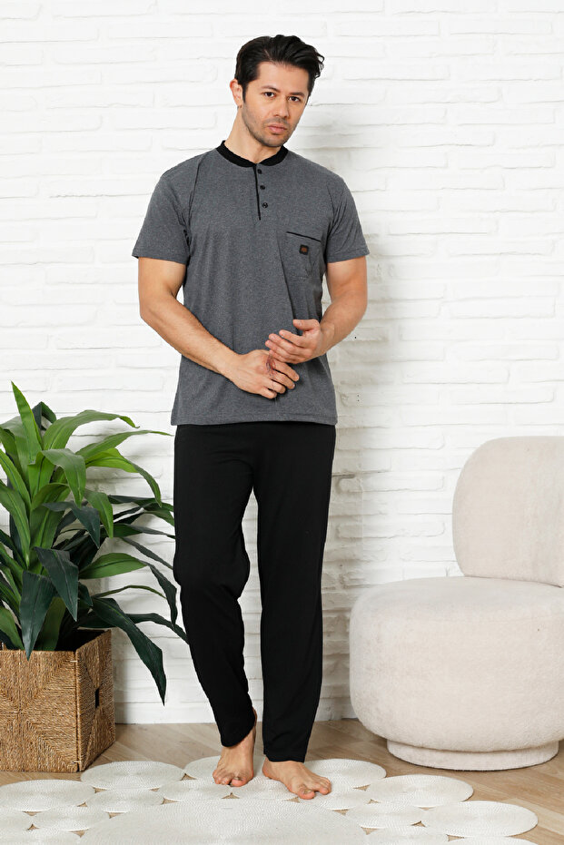 Men's 100% Cotton Pajama Set-3 Buttons-Collar Pocket 12384
