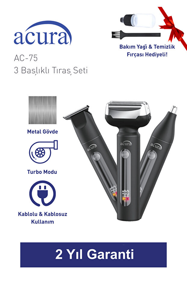 Acura AC-75 3 Başlıklı Metal Gövdeli Tıraş Seti