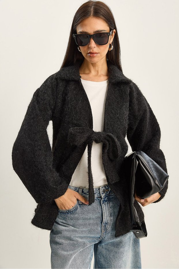 Women's Black Shirt Collar Tie Detail Faded Cashmere Coat 55002 60283568