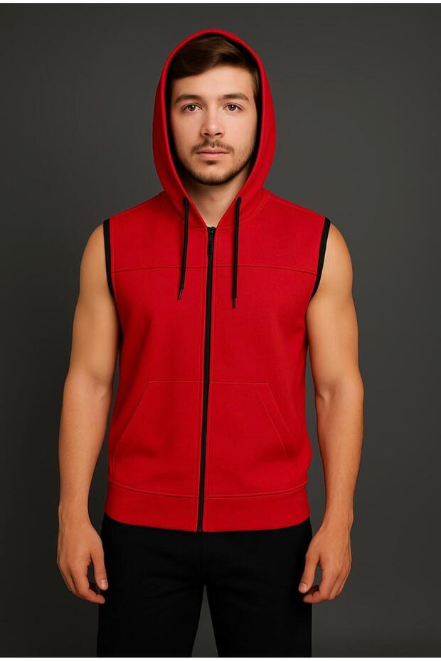 Men's Red Zippered Hooded Kangaroo Pocket Sleeveless Interlock Vest-Y1142