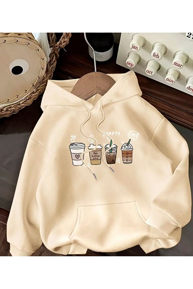 Coffe Print Detailed Hooded Sweatshirt Beige