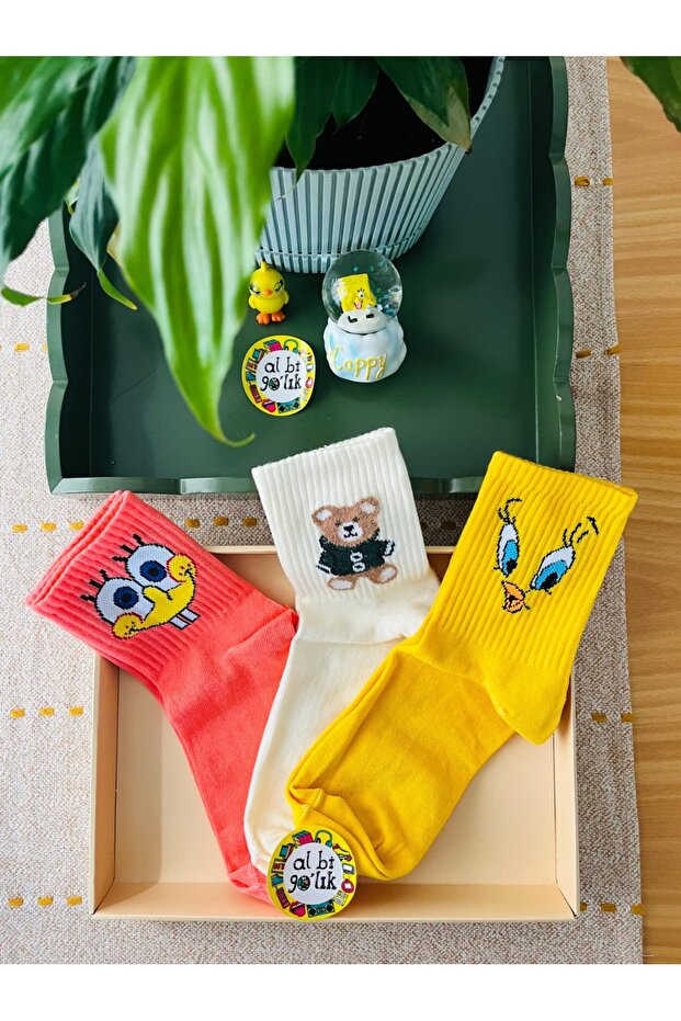 Set of 3 Cartoon Patterned Fun College Socks