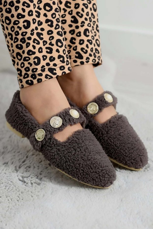 Women's Pearl and Tuğra Detailed Plush Ballerinas