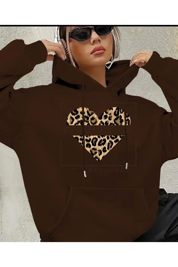 Free Spirit Text Detailed Hooded Sweatshirt Brown