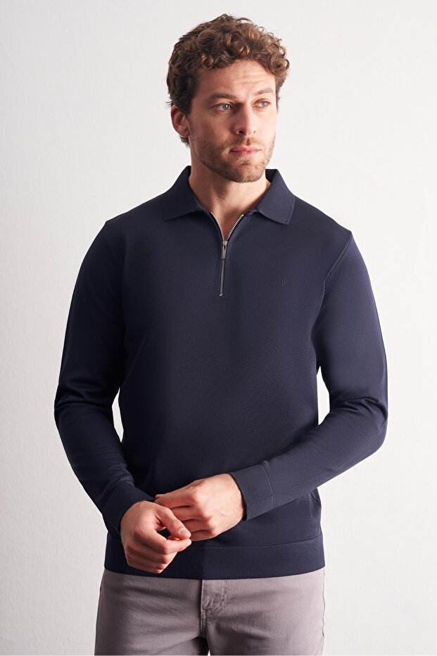 Navy Blue Long Sleeve Zippered Collar Without Pockets Slim Fit Knitwear 1012255150