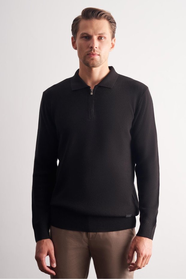 Black Zippered Polo Neck Long Sleeve Pocketless Comfort Fit Casual Cotton Knitwear Sweater 1012255202
