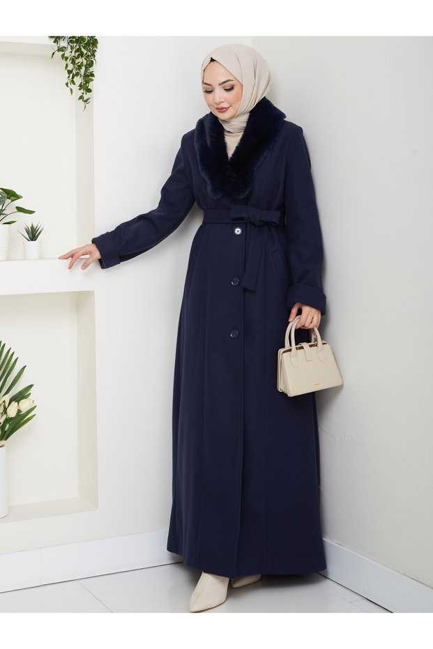Women's New Season K Double-Breasted Full-Length Coat with Collar Buttons, Fur Collar and Belt