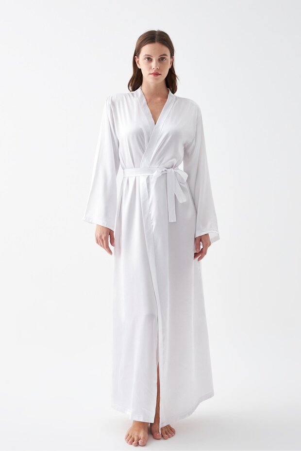 Women's Long White Satin Dressing Gown