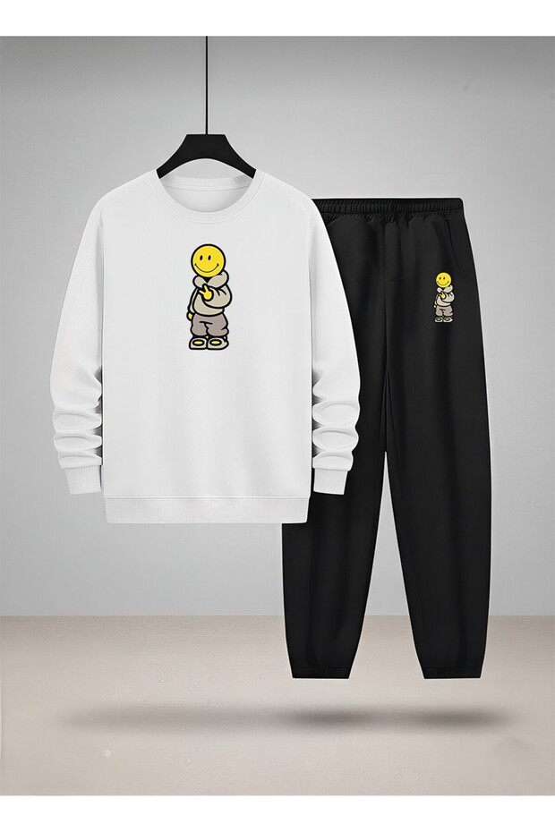 Bottom - Top Set Children's Crew Neck Smiling Man Printed 3 Thread Raised