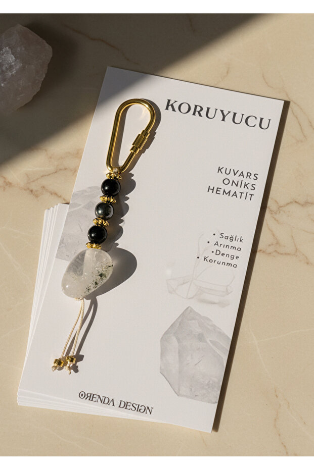 Protective Shield Natural Stone Keychain / Crystal Quartz – Hematite – Onyx
