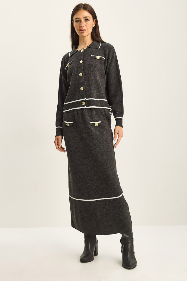 Women's Anthracite Gold Button Detailed Long Skirt Knitwear Top and Bottom Set 60285002
