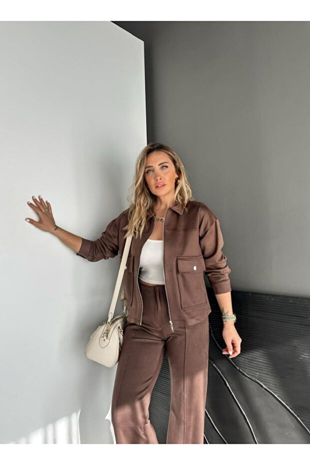 Brown Zippered Suede Sports Jacket