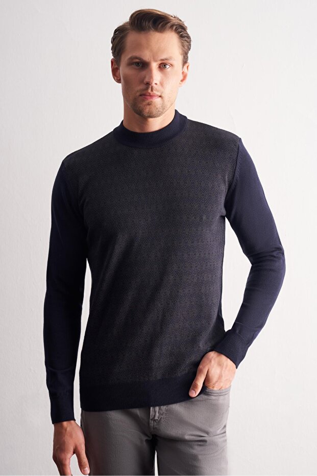 Navy Blue Half Turtleneck Long Sleeve Pocketless Comfort Fit Cotton Knitwear Sweater 1012255219