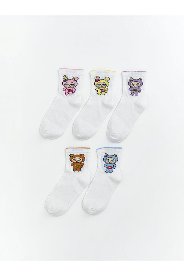 Rmz Gi̇yi̇m Farkiyla Embroidered Girls' Socks 5-Piece Set