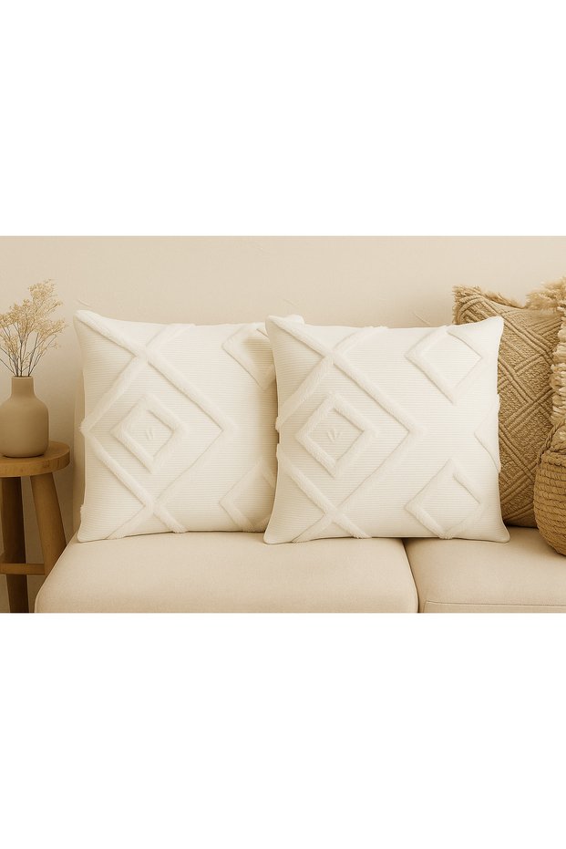 Double Decorative Punch Throw Pillow Cover 43X43 | Bohemian Nordic Style Embroidered Pillow Set of 2