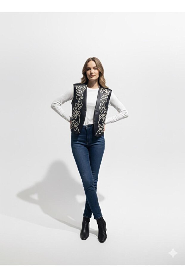 Nakış İşlemeli Deri Yelek - 2