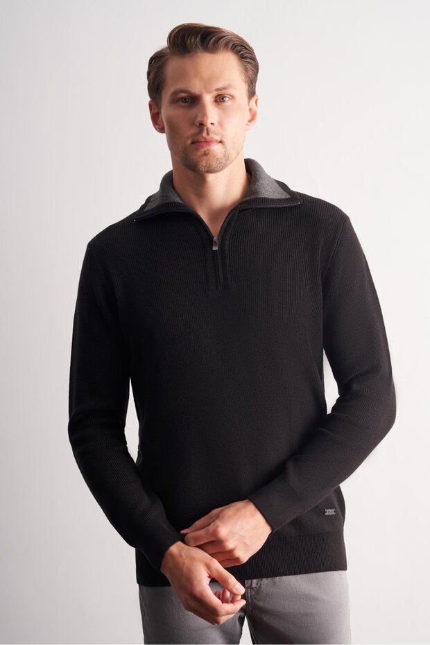 Black Zippered Half Fisherman Long Sleeve Pocketless Comfort Fit Casual Cotton Knitwear Sweater 1012255204