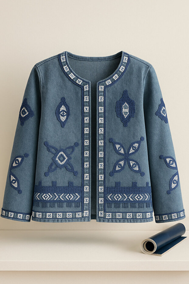 جاكيت جينز بتطريز ترتر ونقشة عرقية، بطابع Vintage Boho
