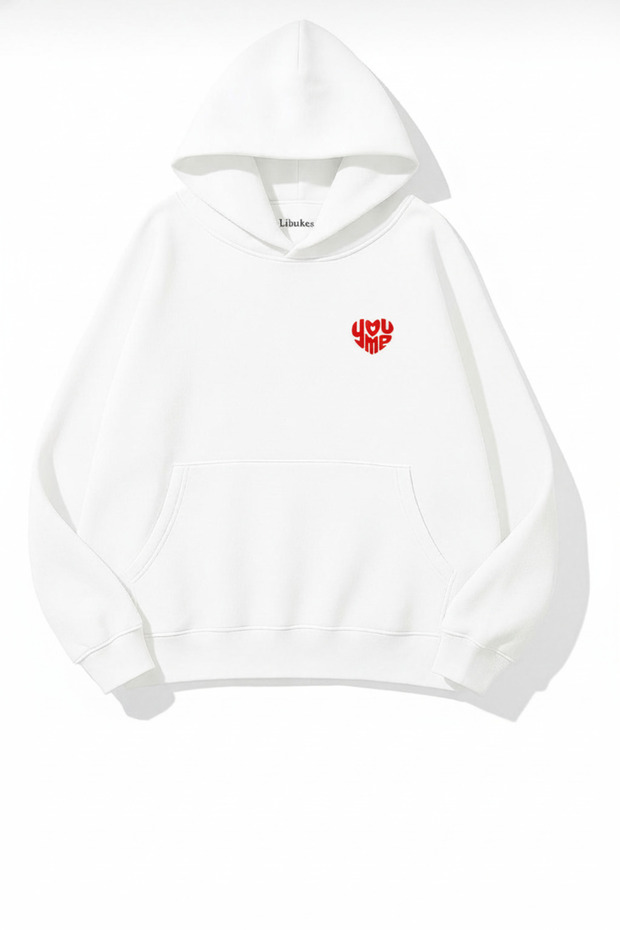 Hooded Inside Polar Minik Kalp Printed White Unisex Hoodie Sweatshirt