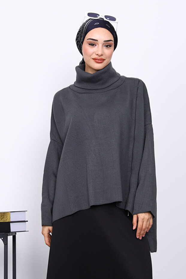 Smoked Turtleneck Zippered Knit Sweater