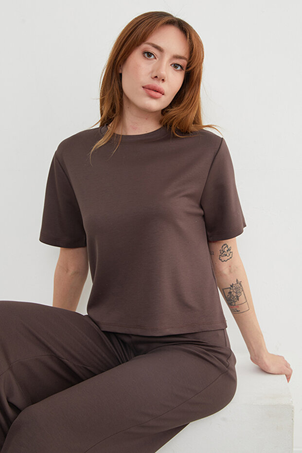 Basic Bisiket Yaka Modal Tişört - 1