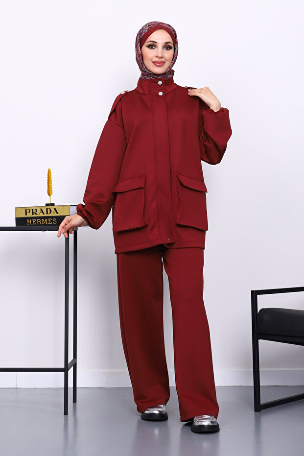 Burgundy Zippered Scuba Jacket and Pants Set