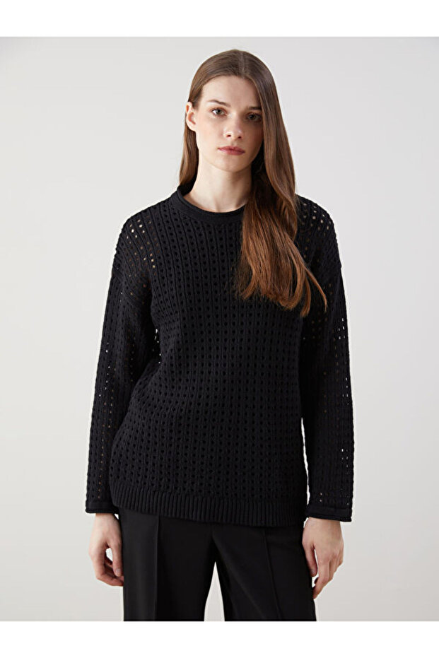 Crew Neck Openwork Women's Knitwear Tunic