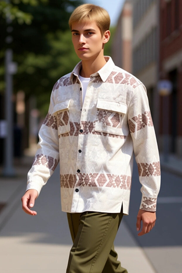 Unisex Regular Fit Woven Flannel Ethnic Patterned Double Pocket Long Sleeve Lumberjack Shirt Jacket Stylish