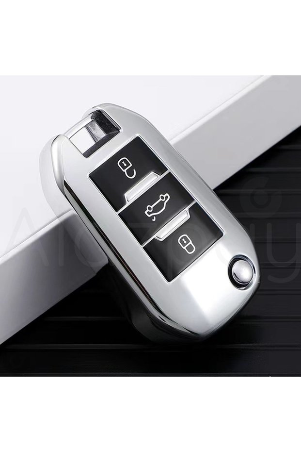 Peugeot Compatible 208, 301, 307, 308, 508, 2008, 3008, Partner, Glossy Tpu Key Case Cover (Silver)