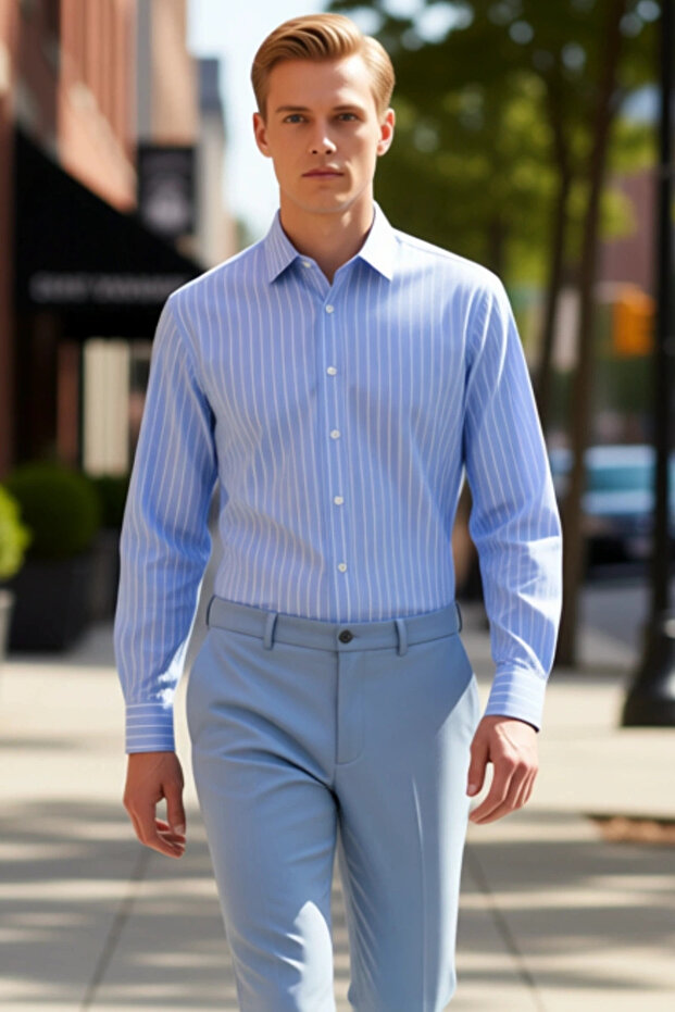 A Must-Have for Men's Wardrobe: Striped Patterned Regular Fit Long Sleeve Poplin Shirt, Stylish