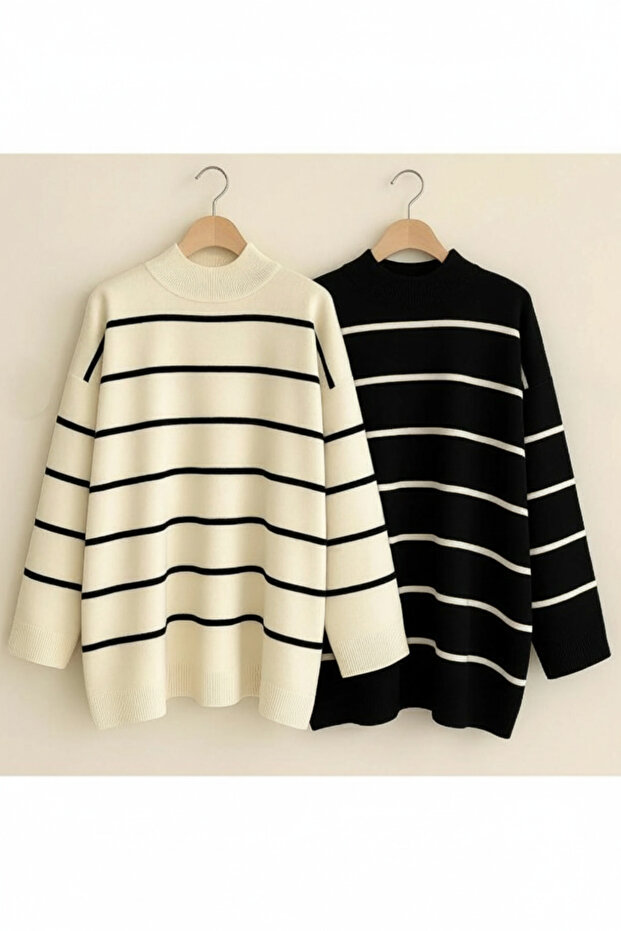 Women's Black and White Oversized Striped Half Turtleneck Knitwear Sweater 2-Piece Set, Striped Sweater