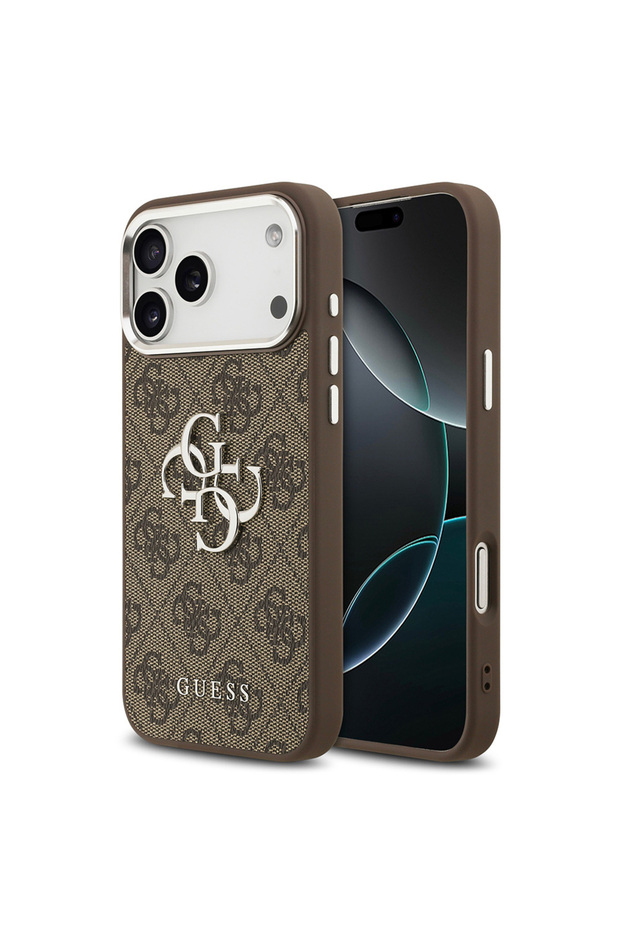 iPhone 17 Pro Max Case Licensed Silver Camera Frame 4g Pattern Large 4g and Lettering Logo Coffee