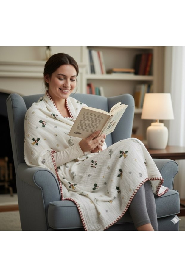 Cream New Year Printed Muslin Tv Blanket / Sofa Throw - 120X170 Cm, Shepherd Stitched