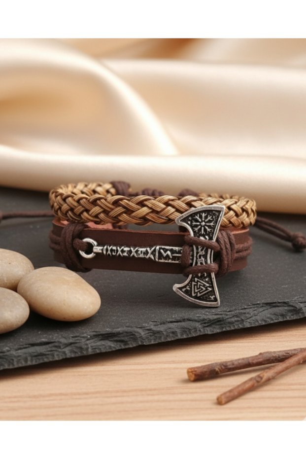 2-Piece Leather Bracelet Axe Design Brown Genuine Leather Bracelet Men's Bracelet