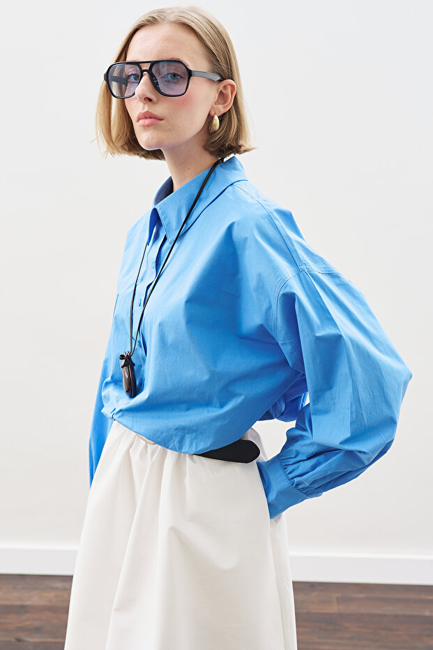 CROP BALON FORM GÖMLEK MAVİ - 5