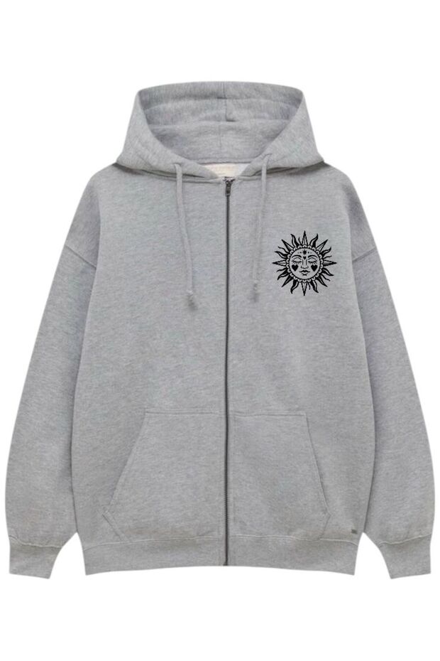 New Season Zippered 3-Ply Cotton Grey Printed Sweatshirt
