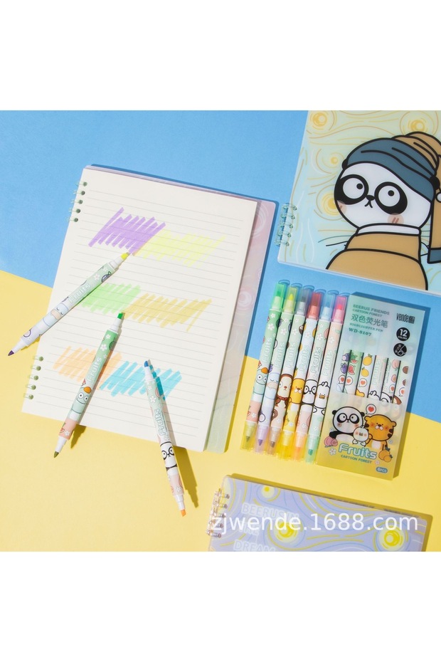Kawai Dudu Bubu Fruits Fruits 6 Pieces 12 Colors 1 Pen 2 Colors Felt Tip Highlighter Marker Pen School