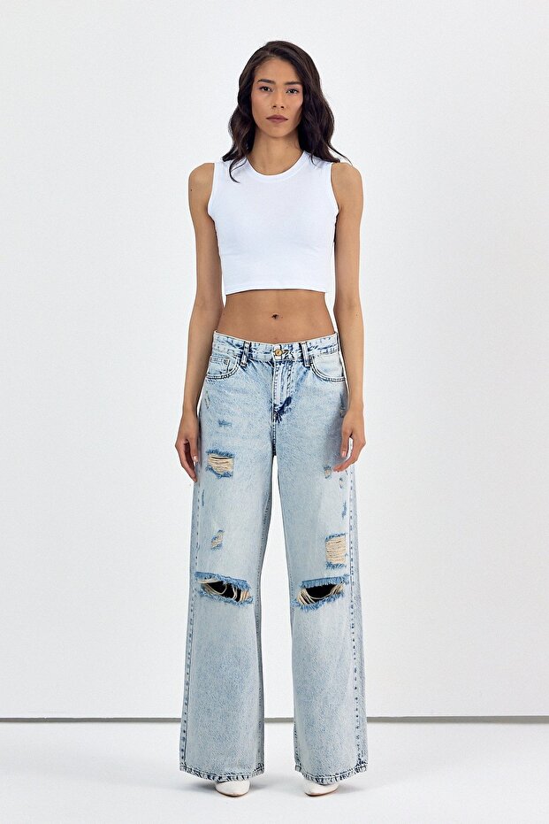 Whatsup Women's Wide Leg Palazzo Jeans - Blue