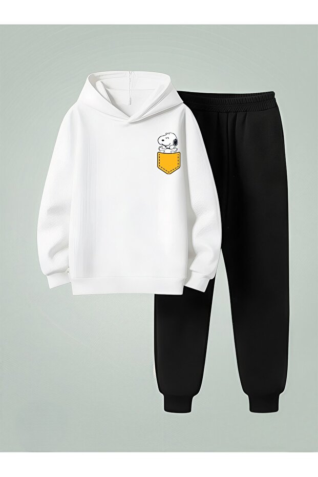 Sweatshirt - Tracksuit Set Children's Unisex Hooded Set Cepteki̇ Köpek B Printed 3 Thread Raised Lettering