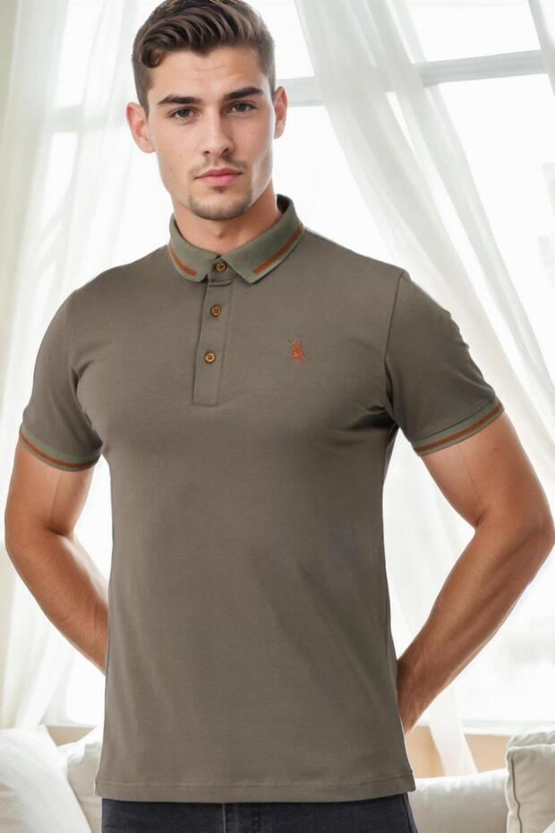 Men's Polo Collar Cotton T-Shirt Khaki T9586
