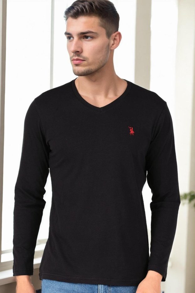 Men's V-Neck Long Sleeve Cotton T-Shirt Black T9587