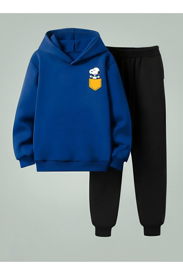 Sweatshirt - Tracksuit Set Children's Unisex Hooded Set Cepteki̇ Köpek B Printed 3 Thread Raised Lettering