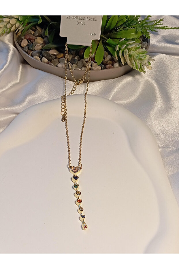 Colorful Zircon Stone Detailed Element Steel Necklace